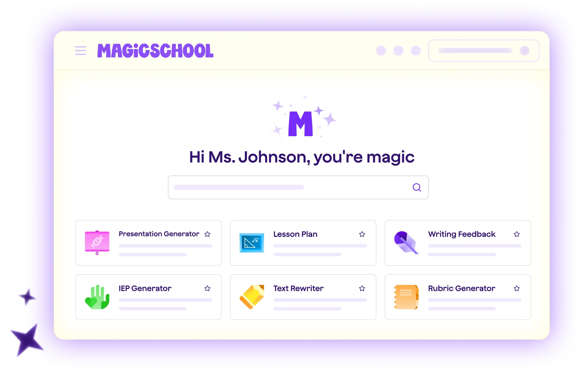 Stylized graphic of the AulaCreativa platform homepage, showing a welcome message, search bar, and popular AI tools that are available to use, including: presentation generator, lesson plan, writing feedback, and more. 